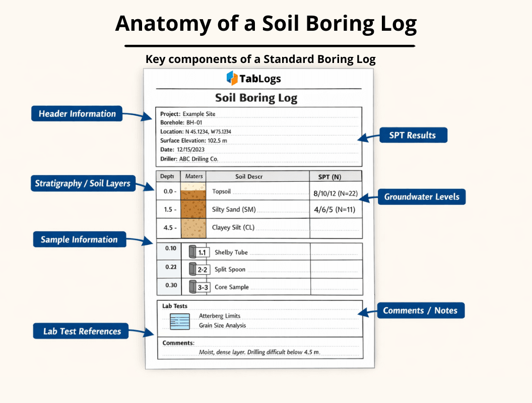 Annotated diagram of soil boring log components