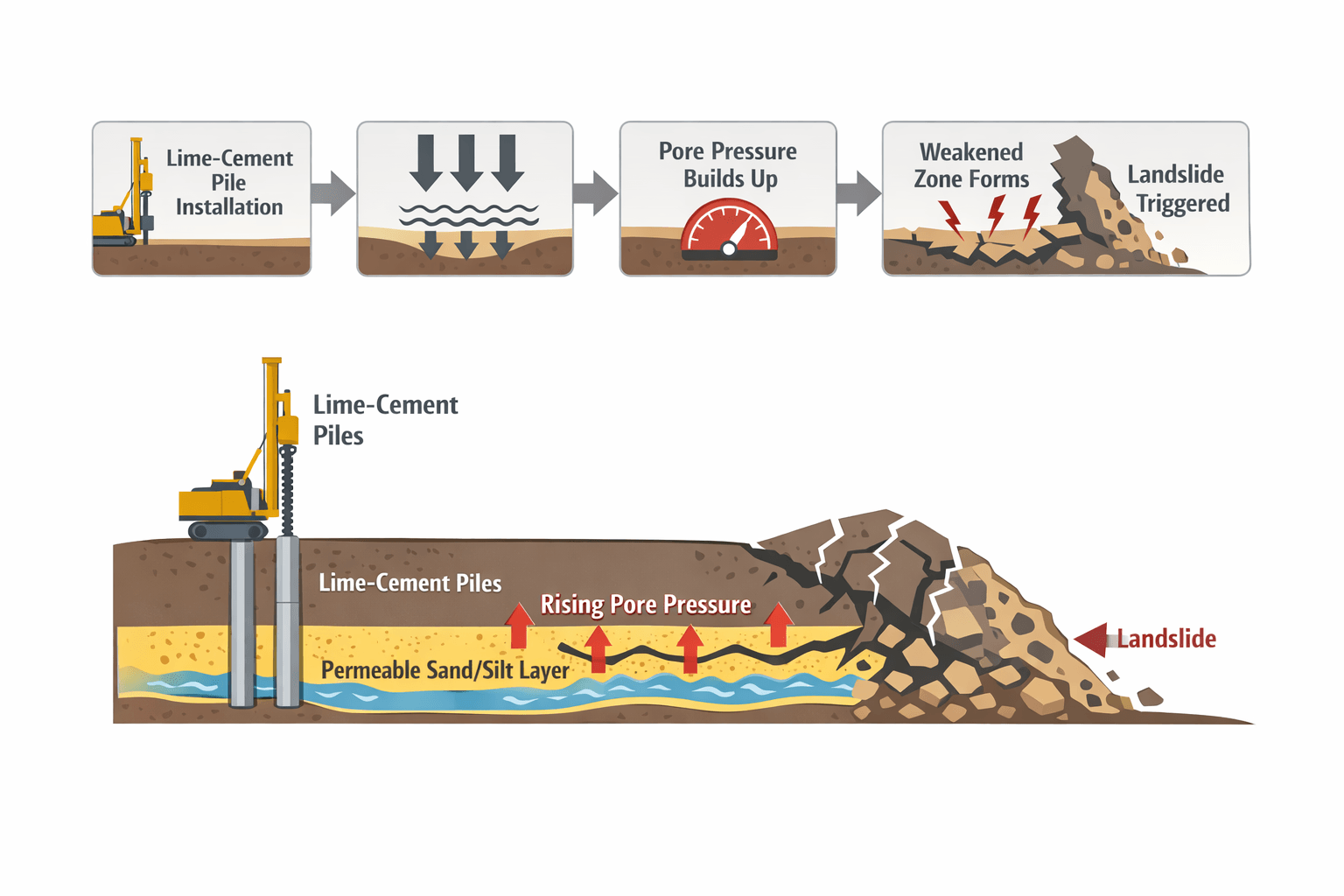 A diagram detailing how lime-cmeent pile installation can temporarily weaken the ground