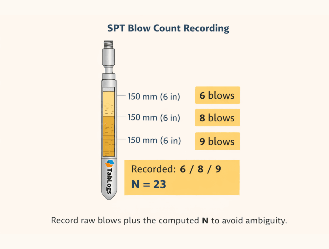 Diagram of SPT blow counts per increment and computed N.